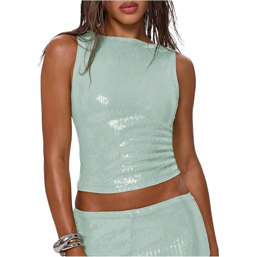 Women's Sequin Crop Top Sleeveless Party Tank for Night Out and Rave